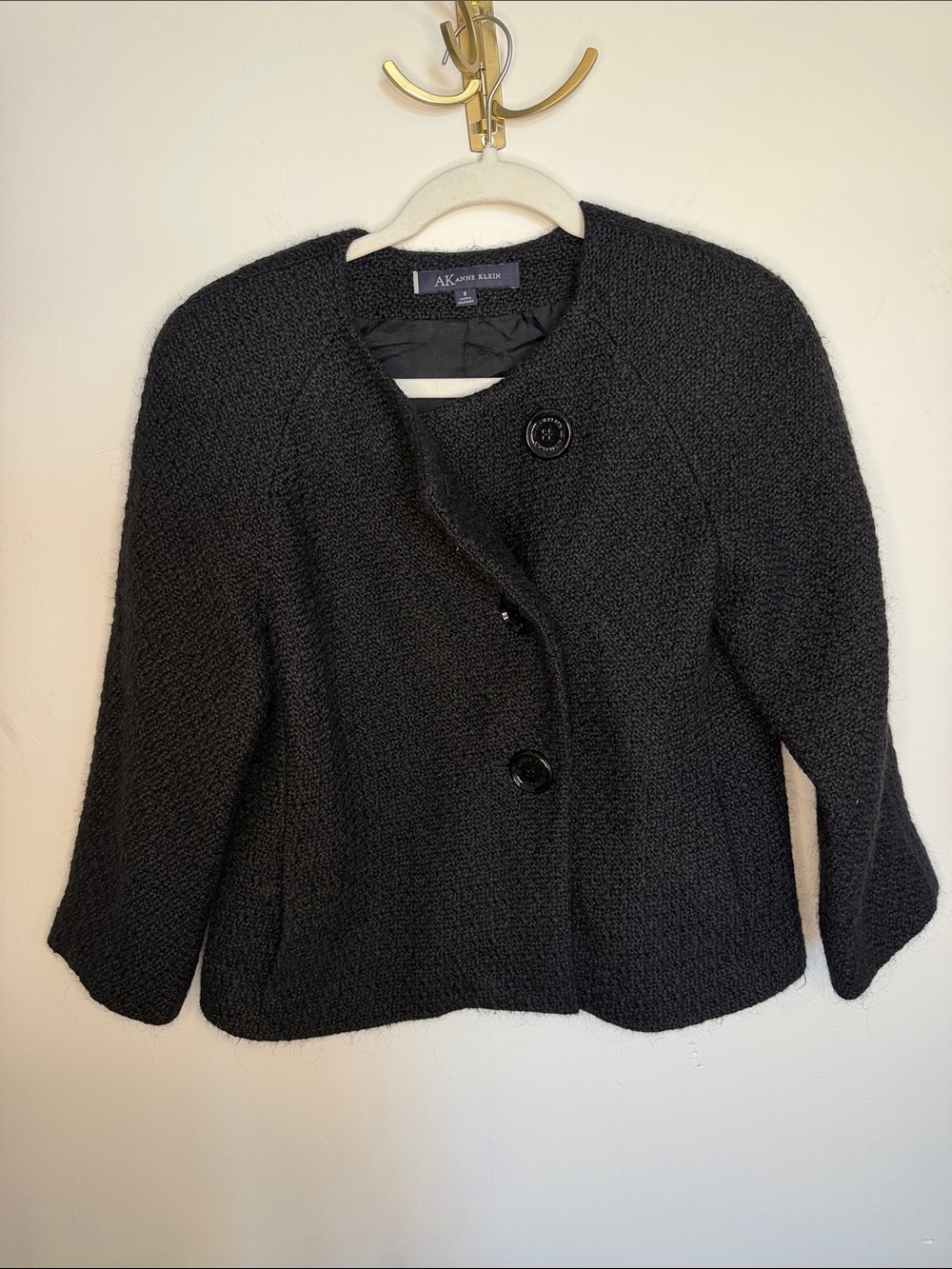 Anne Klein Black Bouclé Cropped Jacket with Large Buttons
